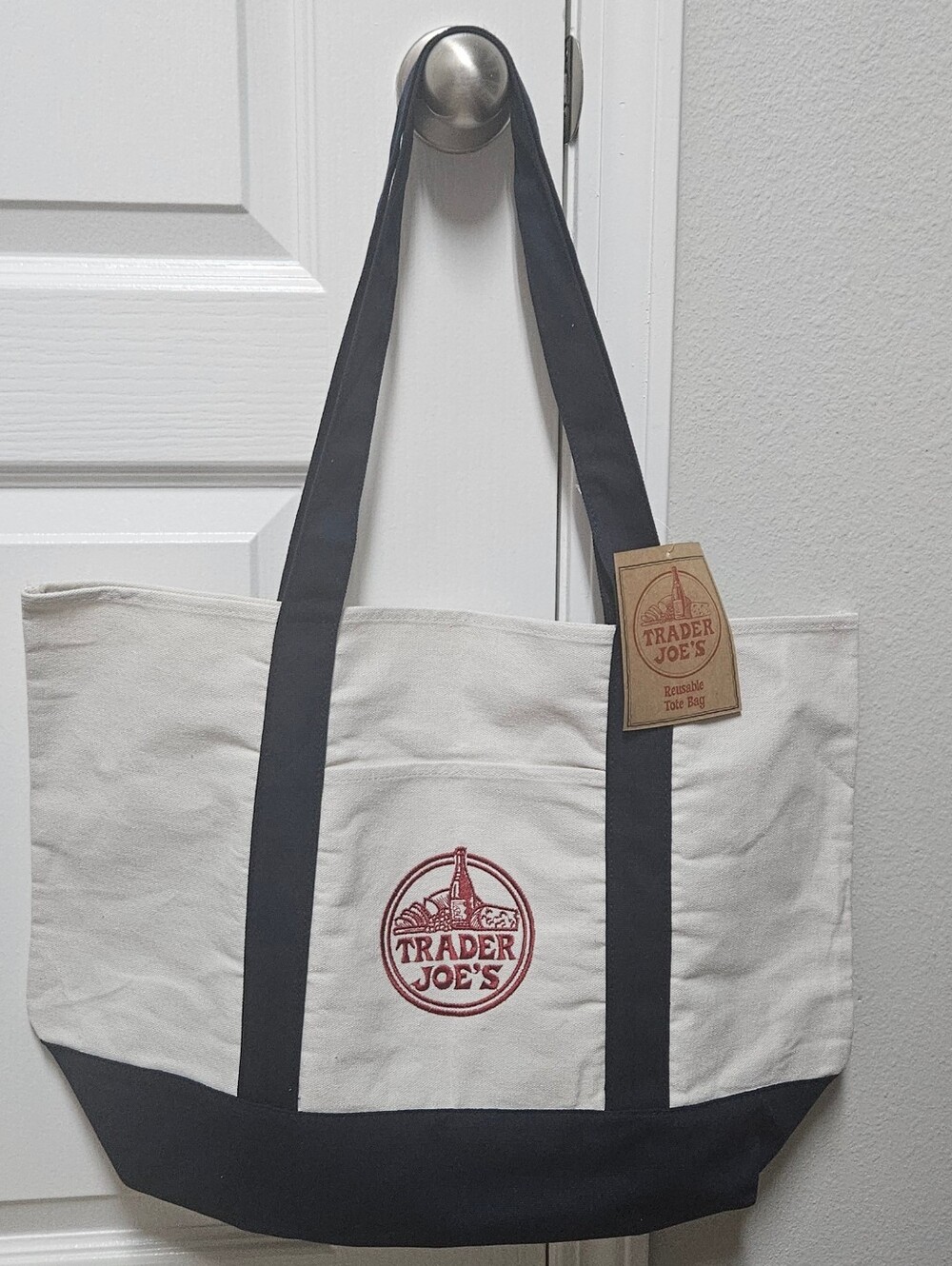 Trader Joe's Canvas Tote Bag in Cream and Navy.
